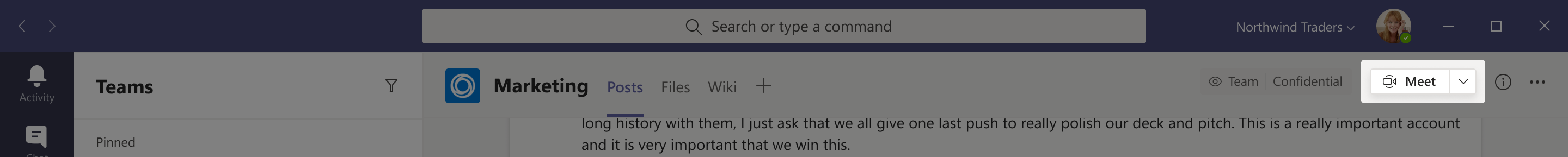 Screenshot showing the Meet now icon below a message